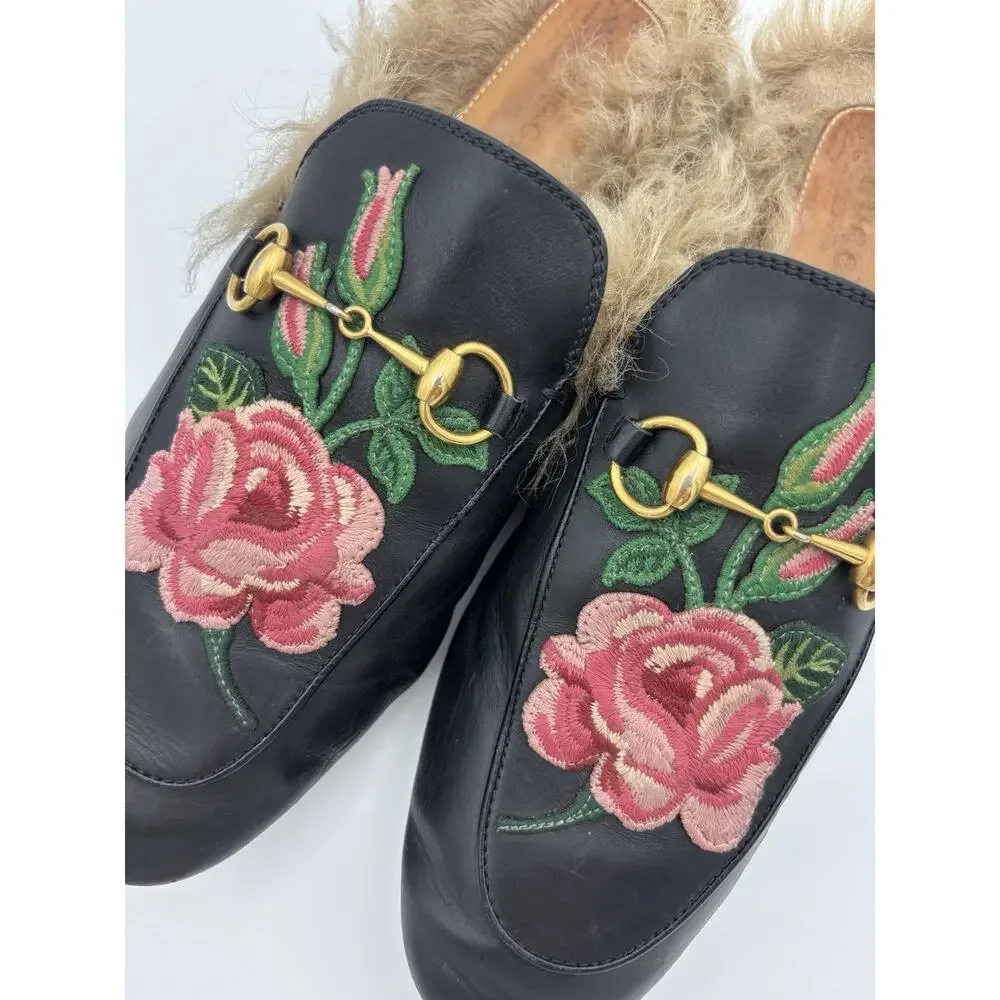Gucci Princetown Loafer Black Leather Rose Embroidered Horsebit Size 38 / 8 Fur - Picture 9 of 16